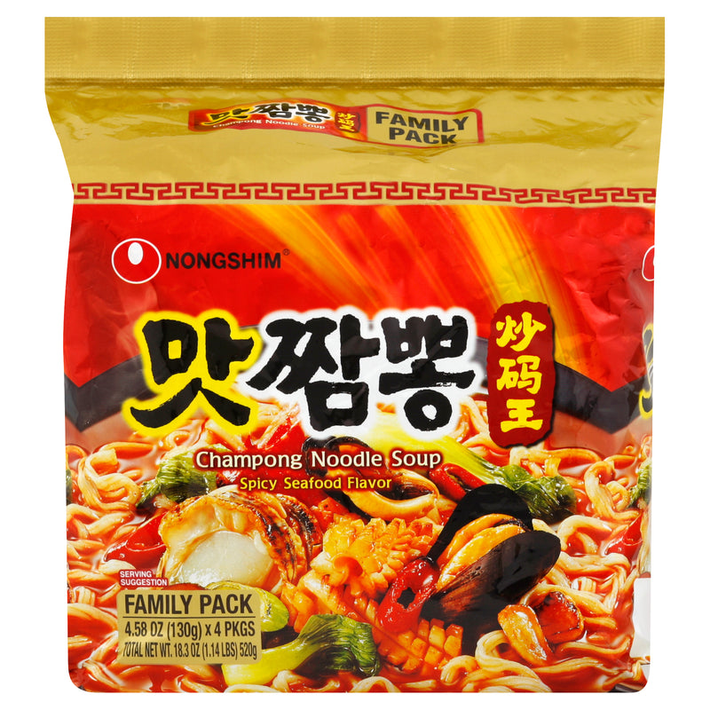 Nongshim Champong Noodle Spicy Seafood Flavor Family Pack Soup, 130 g, 4 ct